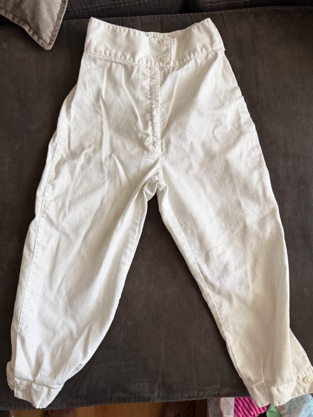 Castello White Cotton Fencing Pants Size 28 With Button Cuffs & High Waist Desig
